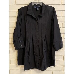 Susan Graver Black 3/4 Sleeve Flowey Pleated Front Button Up Shirt Size‎ XL
